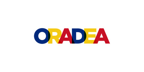 Oradea in the Romania emblem. The design features a geometric style, vector illustration with bold typography in a modern font. The graphic slogan lettering.