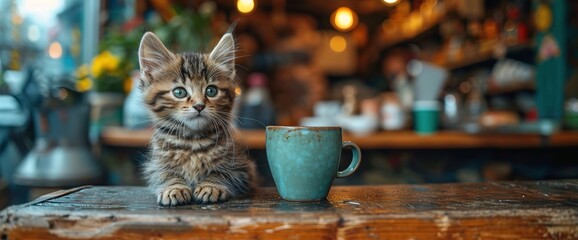 a kitten sits by a cup on a table, in the style of landscape inspirations, letterboxing, innovative page design, aerial photography, hyman bloom, code-based creations, green and black