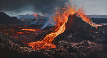 Volcanic eruption with lava flows - inferno on the earth - obrazy, fototapety, plakaty