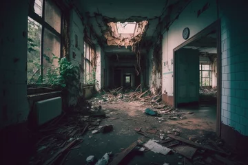 Fotobehang Dilapidated Legacy: A Haunting Image of the Destroyed Hospital, Echoes of Time Evident in the Ruins. © Raccoon Stock AI