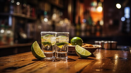 Gold tequila shots with lime and salt on wooden bar, blurred bar background, Generated AI