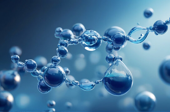 blue molecule atoms structures on blue liquid serum background. Science Molecular water drop DNA Model Structure Atoms background Medical
