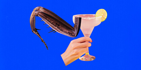 Contemporary art collage. Cheers to Good Times. hand holding a margarita glass with crab claws...