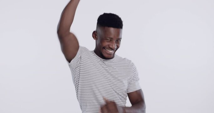 Man, face and clapping for achievement in studio or white background, celebration or victory. Black person, applause or fist for excited as mockup for congratulations surprise, award winner or goal