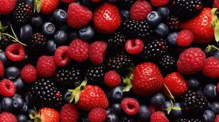 Fototapeta premium Berries - strawberry, raspberry, blueberry seamless pattern. Fruit repeated background of harvest.