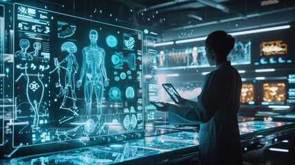 Healthcare professional is using a tablet that displays a holographic projection of a human anatomy model, showcasing various internal systems.