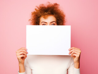 Woman holding a blank white board on isolated pink background - ai generative
