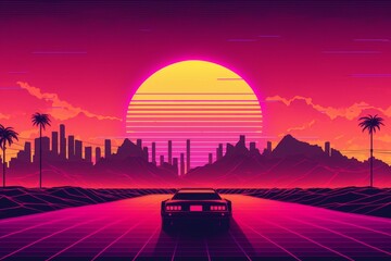 Retrowave Sunset Drive: Vintage Car Silhouetted Against a Nostalgic Horizon. 