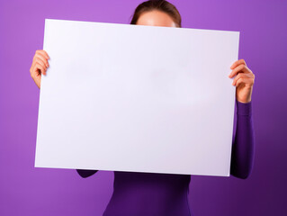 Woman holding a blank white board on isolated purple background - ai generative