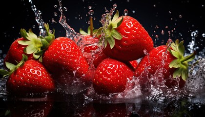 Strawberries with splashes and water drops on dark background
