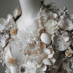 Fototapeta na wymiar Mannequin covered with shells, pearls and flowers 