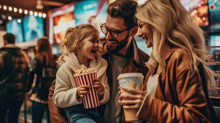Joyful family of three is sharing a moment at the cinema lobby