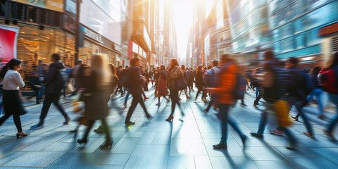 Long exposure shot of a crowd of people walking in the street, dynamic motion effect - obrazy, fototapety, plakaty