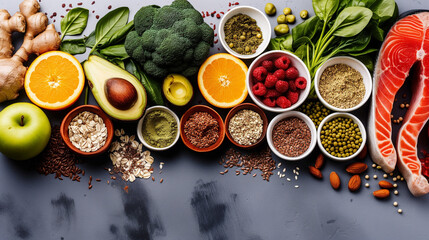 Obraz na płótnie Canvas Healthy Superfood Selection on Dark Background Spread Out