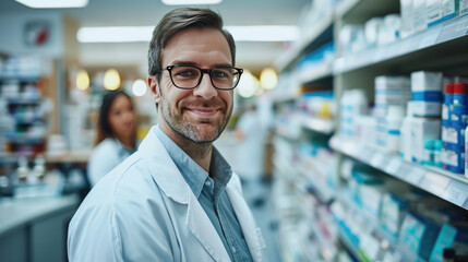 Fototapeta premium Male pharmacist is smiling at the camera with a pharmacy shelf in the background, and a colleague is slightly out of focus behind him.