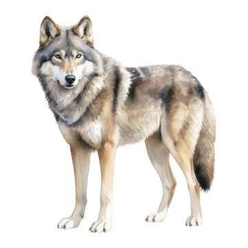 Grey wolf watercolor illustration. Painting of forest animal on white background