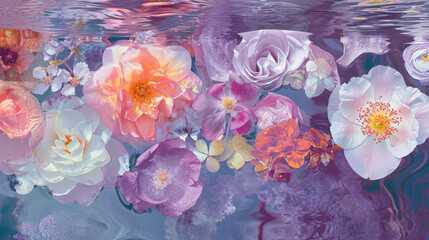 Beautiful background. Various flowers float in the water
