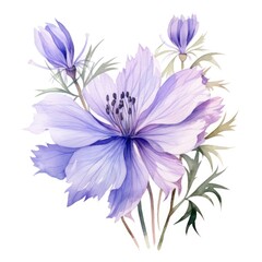 Fototapeta premium Nigella flower watercolor illustration. Floral blooming blossom painting on white background