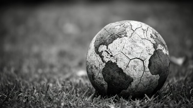 Worn cracked Ball Earth Globe on Grass Symbol of Global Crisis. monochrome image capturing a weathered soccer ball on grass, depicting neglect and wear as a metaphor for global crisis.