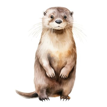 Otter watercolor illustration. Painting of forest animal on white background