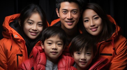 Obraz premium Asian smiling parents with kid wearing red new year clothes