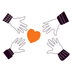 Human hands with hearts.Charity and donation.Hands doodle style.Voluntary and donation.Social help.Volunteer shares empathy and support for needy person.Social aid .Take care love.Charitable concept.
