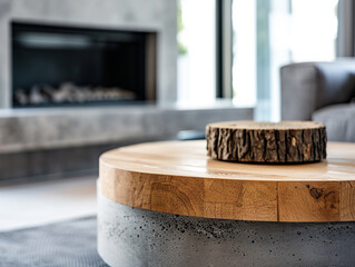 Elegant Minimalist Interior Design of Modern Living Room with Rustic Round Coffee Table, Grey Bench and Sleek Fireplace in a Luxurious Loft Setting, Highlighting Refined Comfort and Stylish Home Decor