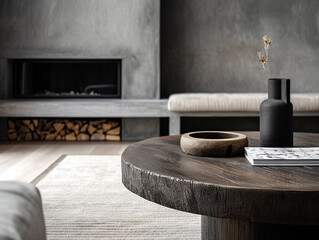 Elegant Minimalist Interior Design of Modern Living Room with Rustic Round Coffee Table, Grey Bench and Sleek Fireplace in a Luxurious Loft Setting, Highlighting Refined Comfort and Stylish Home Decor