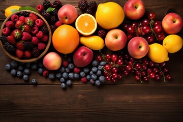 Fresh fruits and berries assorted on a table natural nutrition concept.