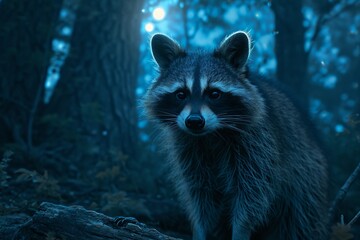 Obraz premium Curious raccoon explores moonlit woodland