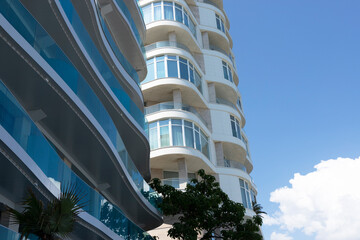 Modern resort hotel against the blue sky.
