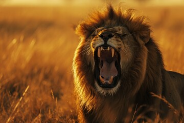 Fierce lion roars in African wilderness