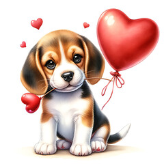 cute valentine puppy with red heart balloon watercolor illustration.