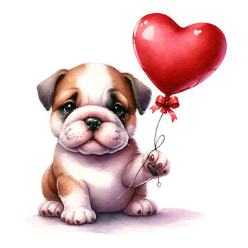 cute valentine puppy with red heart balloon watercolor illustration.