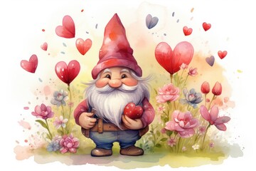 Charming Garden Gnome with Heart in a Watercolor Floral Wonderland - Generative AI