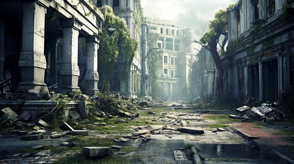 abandoned, destroyed city overgrown with jungle