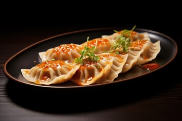 gyodza dumplings dish on ceramic plate  at japanese fusion cuisine fancy restaurant