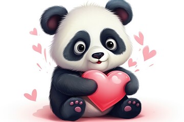 Adorable Panda Bear Holding a Pink Heart in a Love-Filled Illustration - Generative AI