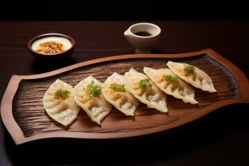 gyodza dumplings dish on wooden plate  at japanese fusion cuisine fancy restaurant