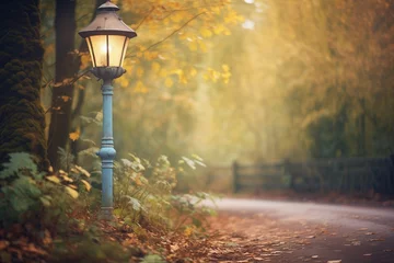 Fototapeten lamp post at the edge of a forest path © primopiano
