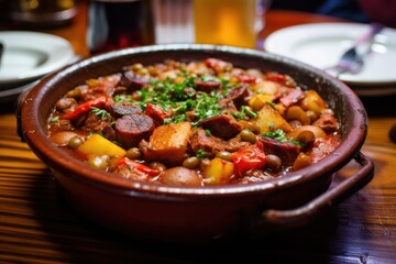 puchero spanish dish closeup at traditional restaurant. Hot winter soup, comfort food. 