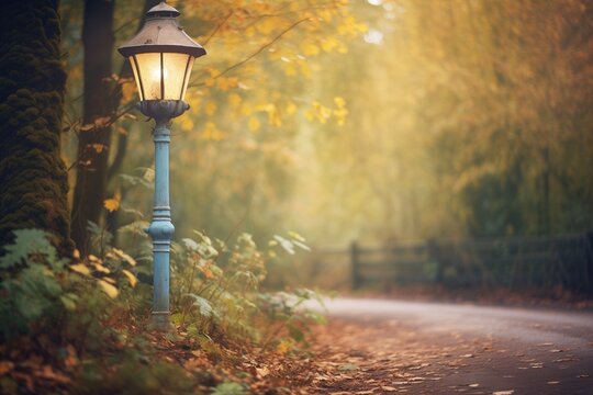 lamp post at the edge of a forest path