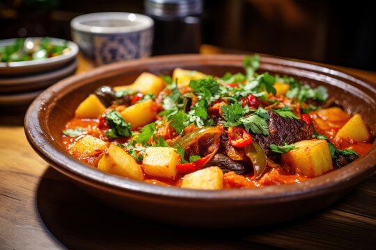 puchero spanish dish closeup at traditional restaurant. Hot winter soup, comfort food. 