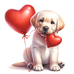 cute valentine puppy with red heart balloon watercolor illustration.