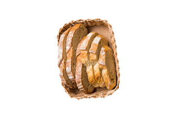 Freshly baked bread slices on basket isolated on white background. top view Sliced bread