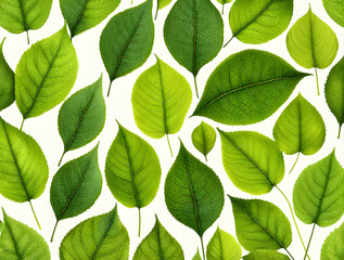 various-green-leaves-are-arranged-in-a-row-on-a-white-background-in-the-style-of-playful-patterns