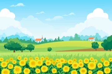 Poster Im Rahmen Beautiful rustic sunflower landscape with a backdrop of green fields and meadows, hills, trees, houses, a farm and an amazing blue sky with stunning clouds. Vector illustration for design. © LoveSan