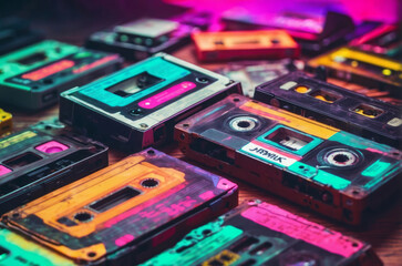 Retro music casette with retro colors eighties and nineties style, cassette tape, mix tape retro cassette design, Music vintage audio theme, Synthwave and vaporwave template. Grainy nostalgia style
