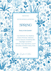 Spring. Invitation. Vintage vector botanical illustration. Blue and white 