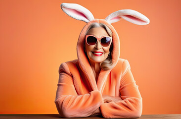 Banner. Easter concept, mature beautiful and happy woman in bunny costume on solid peach background, color of the year 2024 Peach Fuzz. Copy space.
